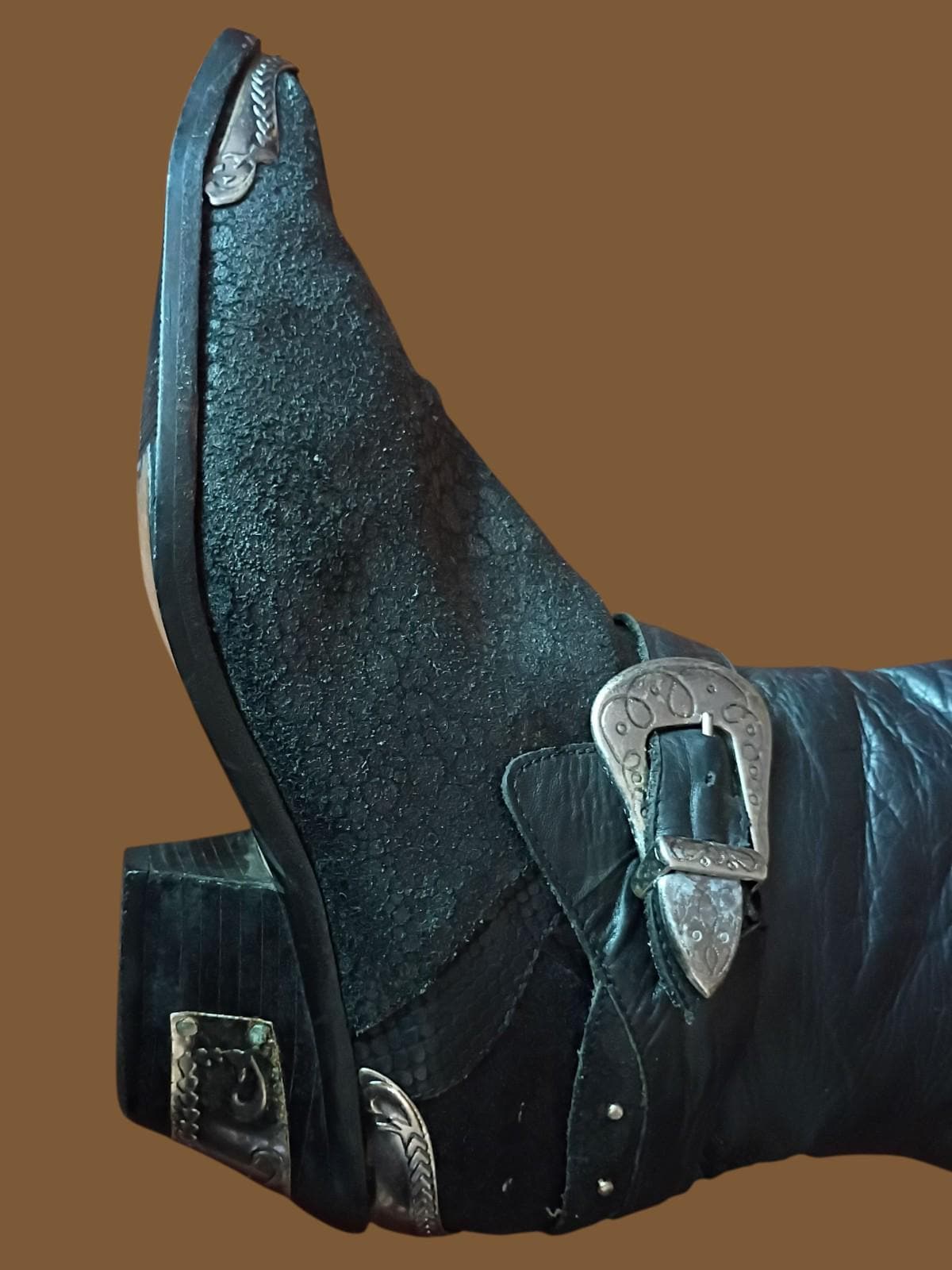 Black leather cowboy boots w/ silver buckle & heel star accents –...