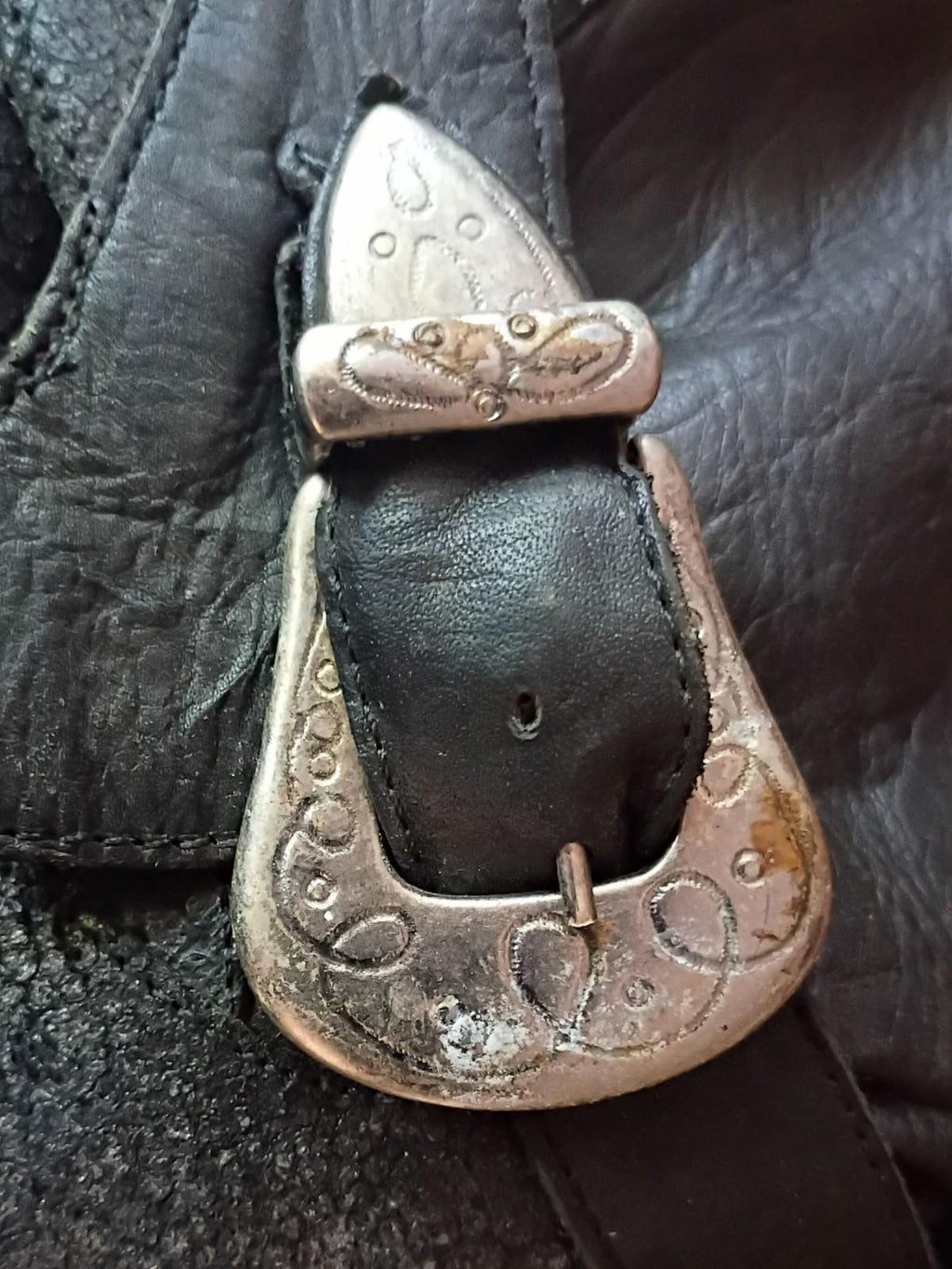 Black leather cowboy boots w/ silver buckle & heel star accents –...