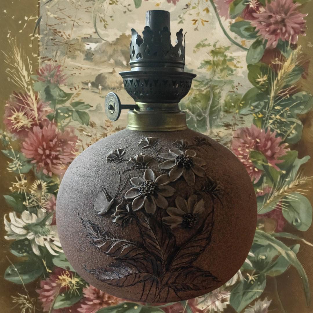 Antique oil lamp with brass burner – hand painted floral motif – vintage home...
