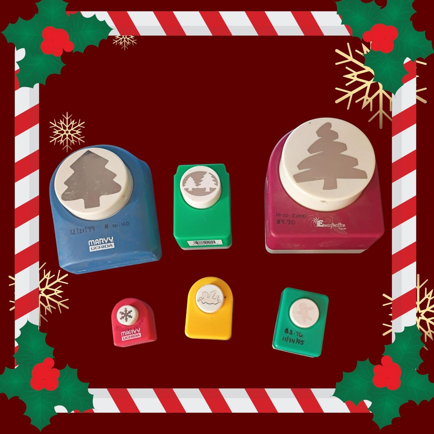 Set of 6 holiday craft punches tree snowflake angel reindeer paper scrapbooking