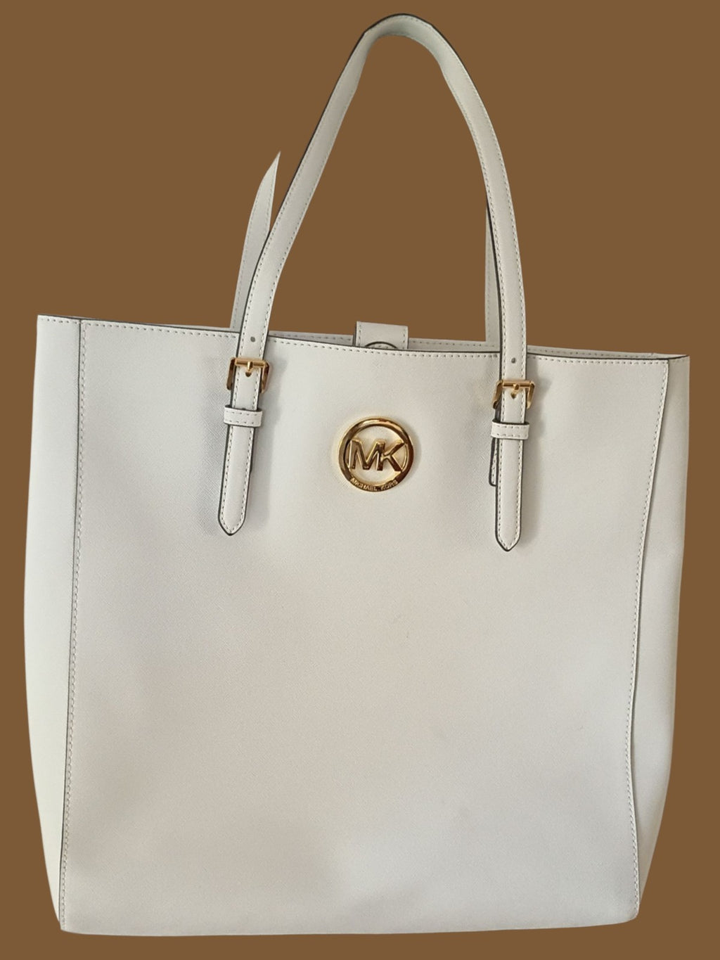 Michael Kors Jet Set Tote White Leather Purse Handbag Gold Logo Shoulder...