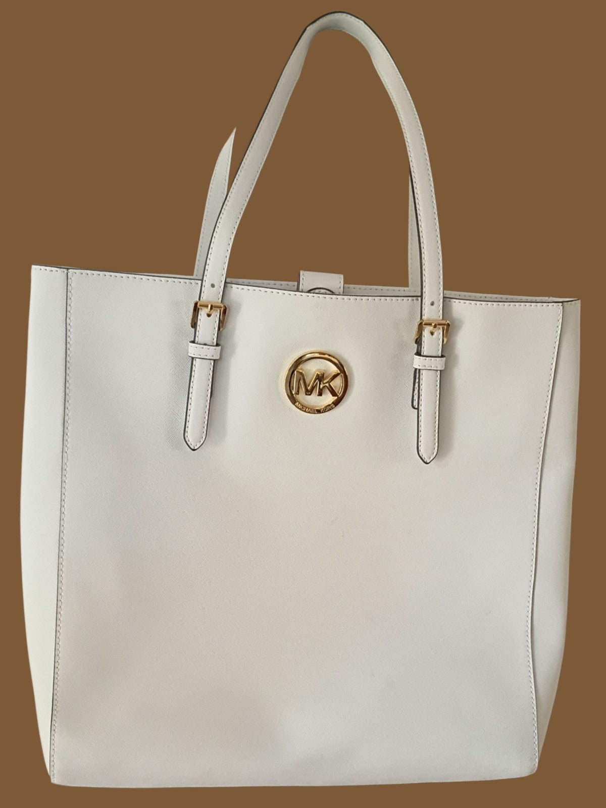 Michael Kors Jet Set Tote White Leather Purse Handbag Gold Logo Shoulder...