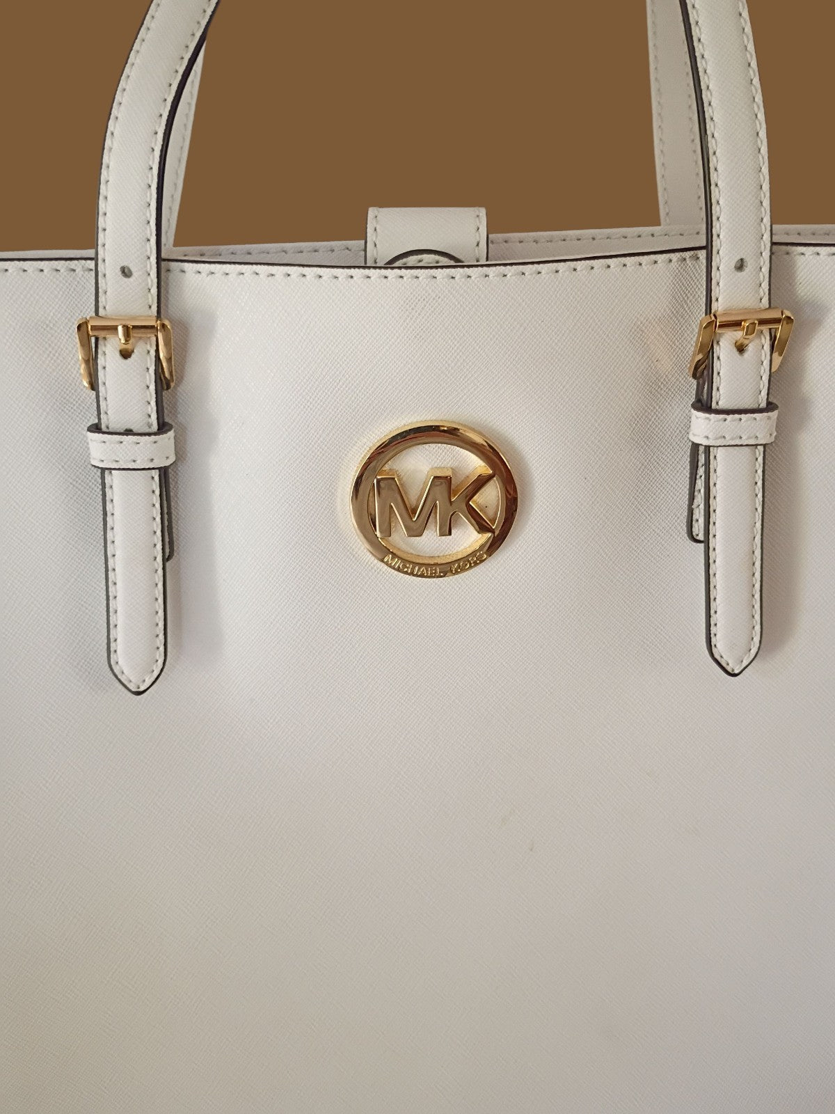 Michael Kors Jet Set Tote White Leather Purse Handbag Gold Logo Shoulder...