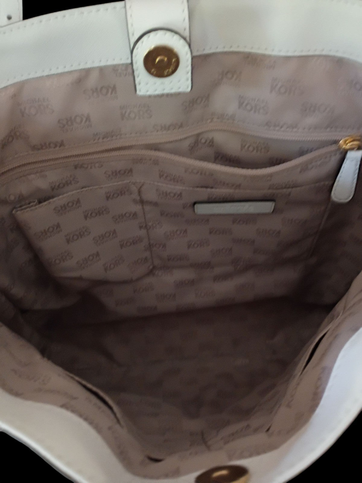 Michael Kors Jet Set Tote White Leather Purse Handbag Gold Logo Shoulder...