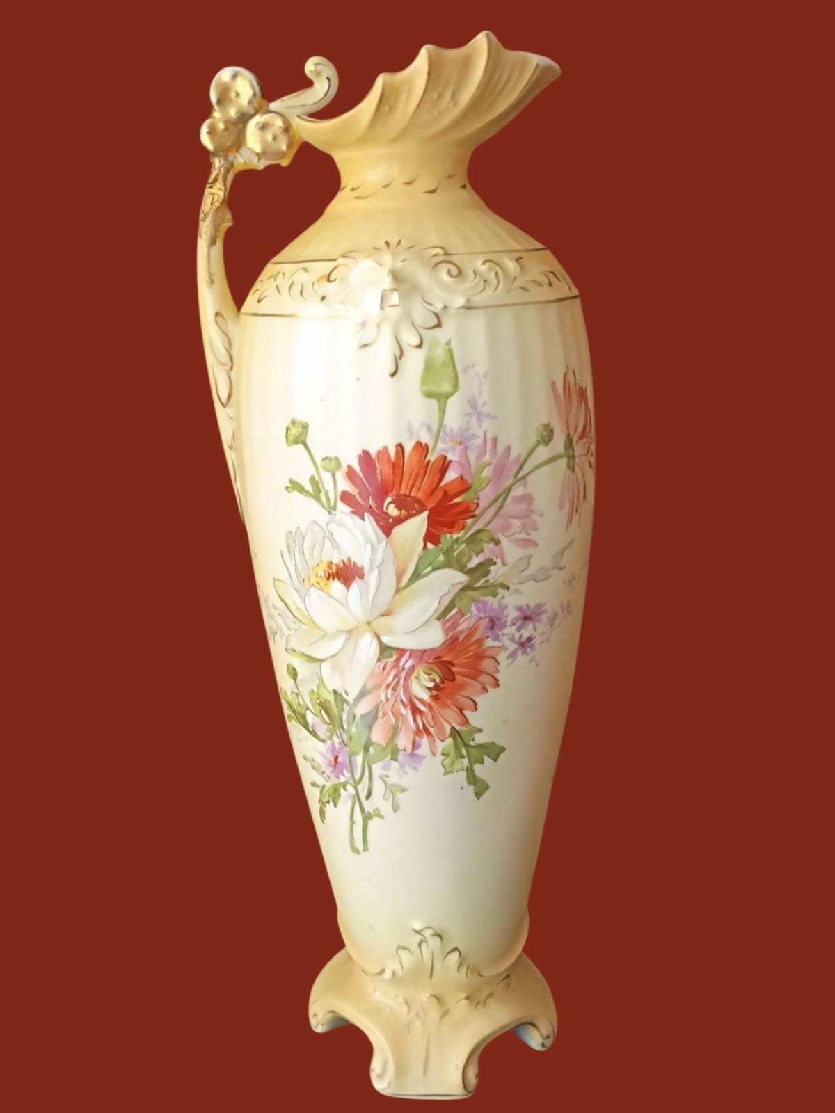 Royal austria rh hand painted porcelain vase ~ antique 14" floral ewer...
