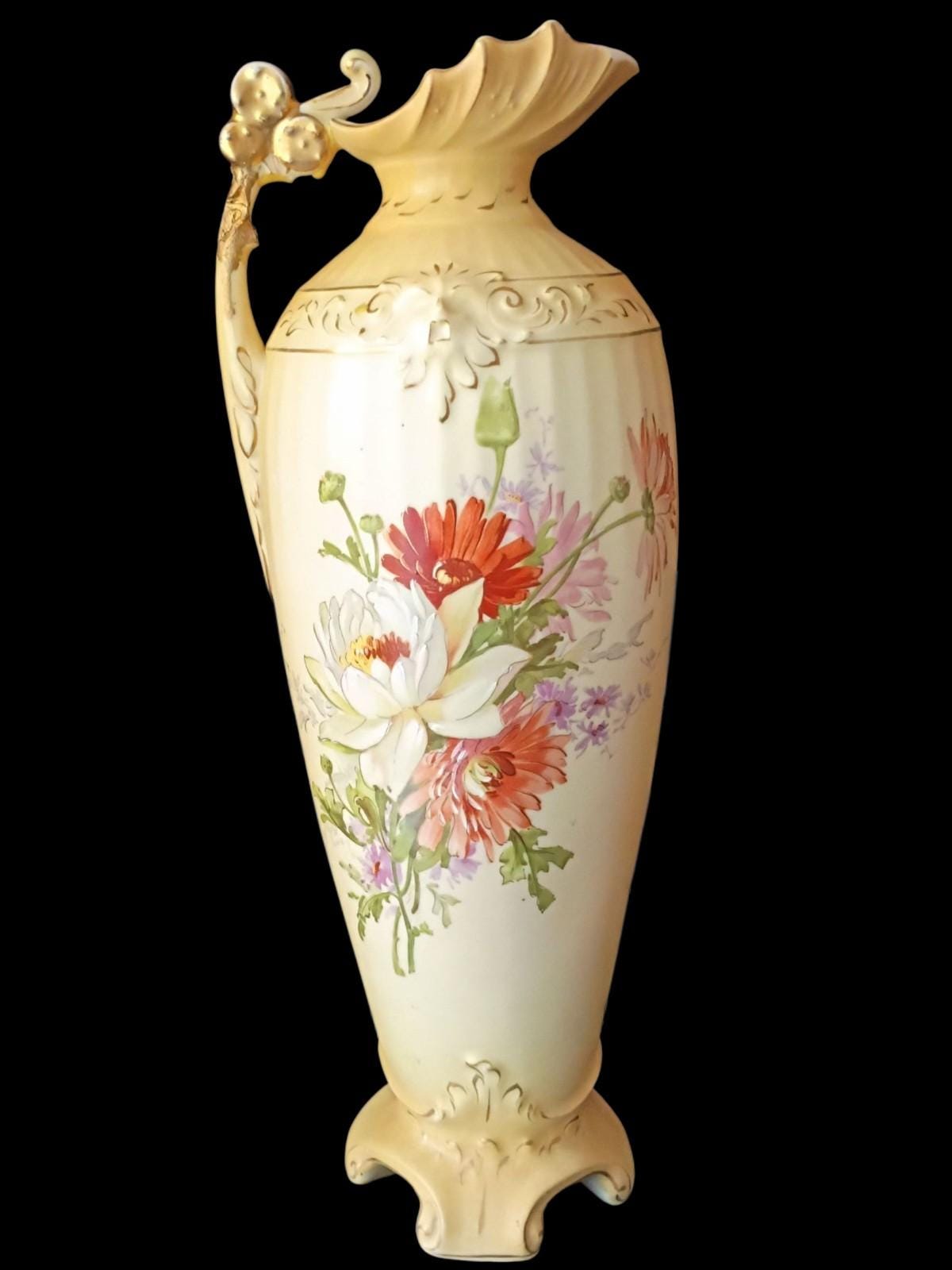 Royal austria rh hand painted porcelain vase ~ antique 14" floral ewer...