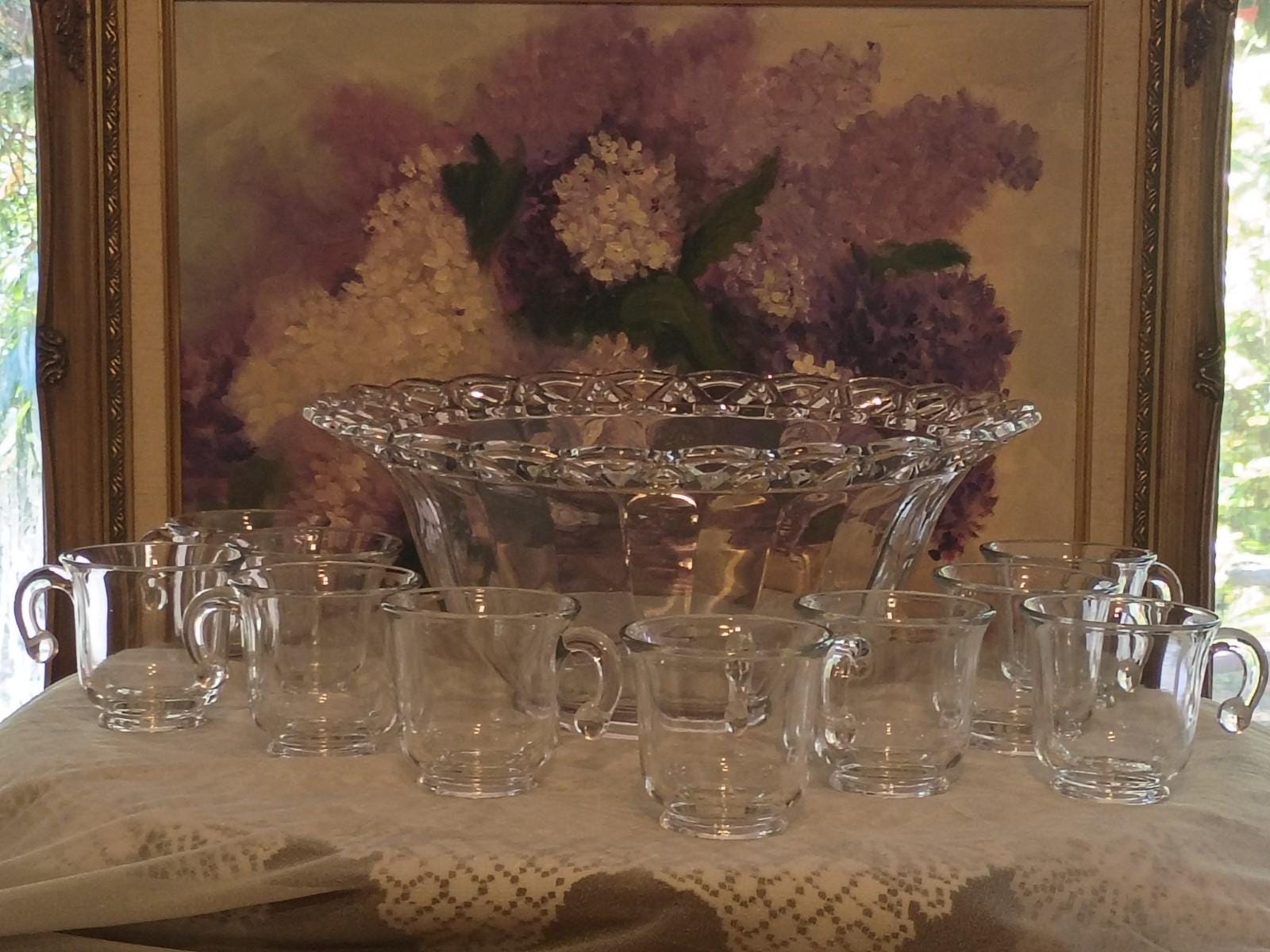 Clear glass punch bowl set with 10 matching cups – elegant entertaining & party