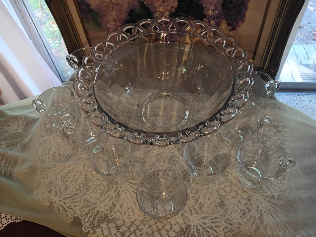 Clear glass punch bowl set with 10 matching cups – elegant entertaining & party