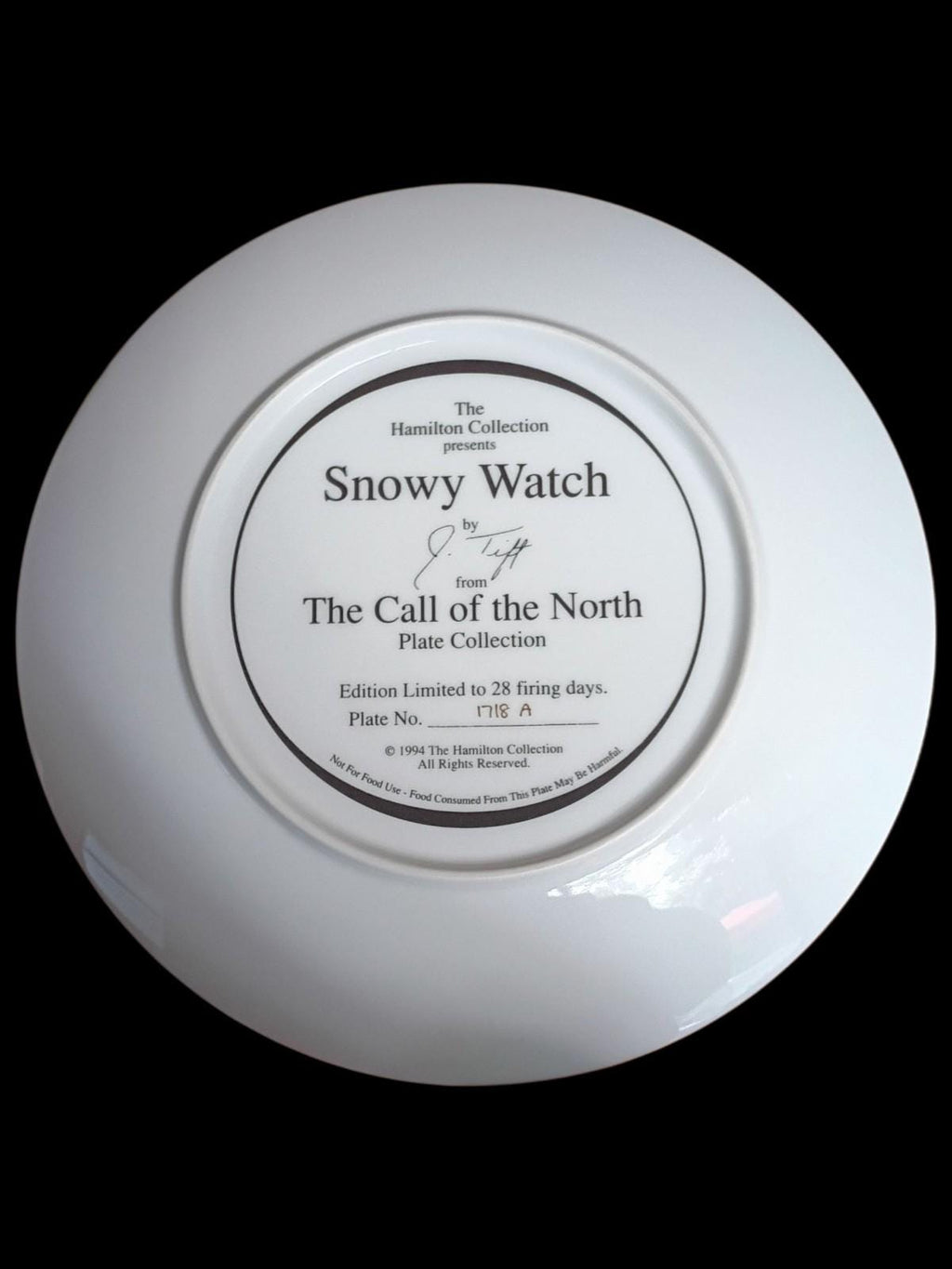 Hamilton collection snowy watch collector plate 1994 j. tifft call of the north