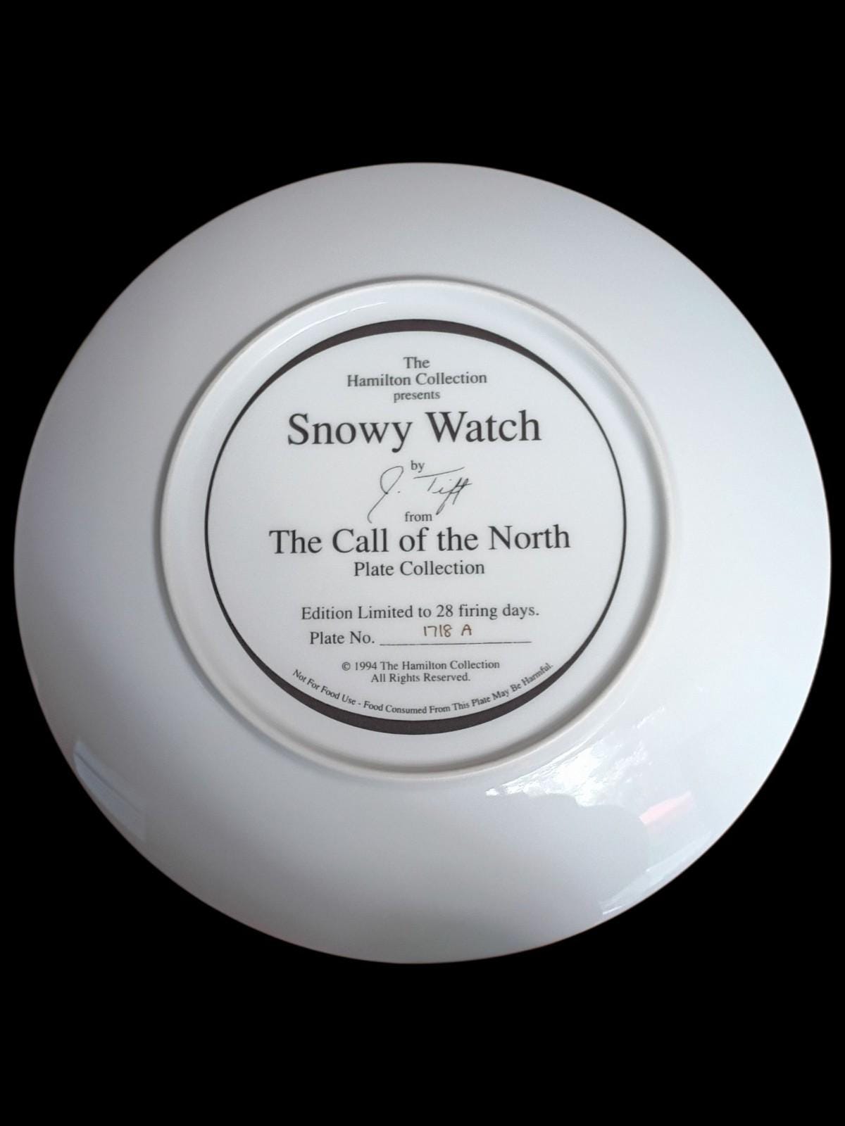 Hamilton collection snowy watch collector plate 1994 j. tifft call of the north