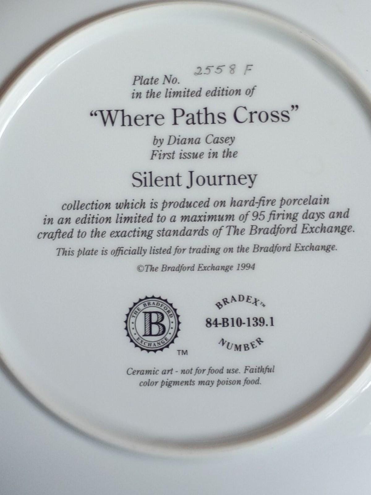 Bradford exchange collector plate diana casey “where paths cross” silent journey