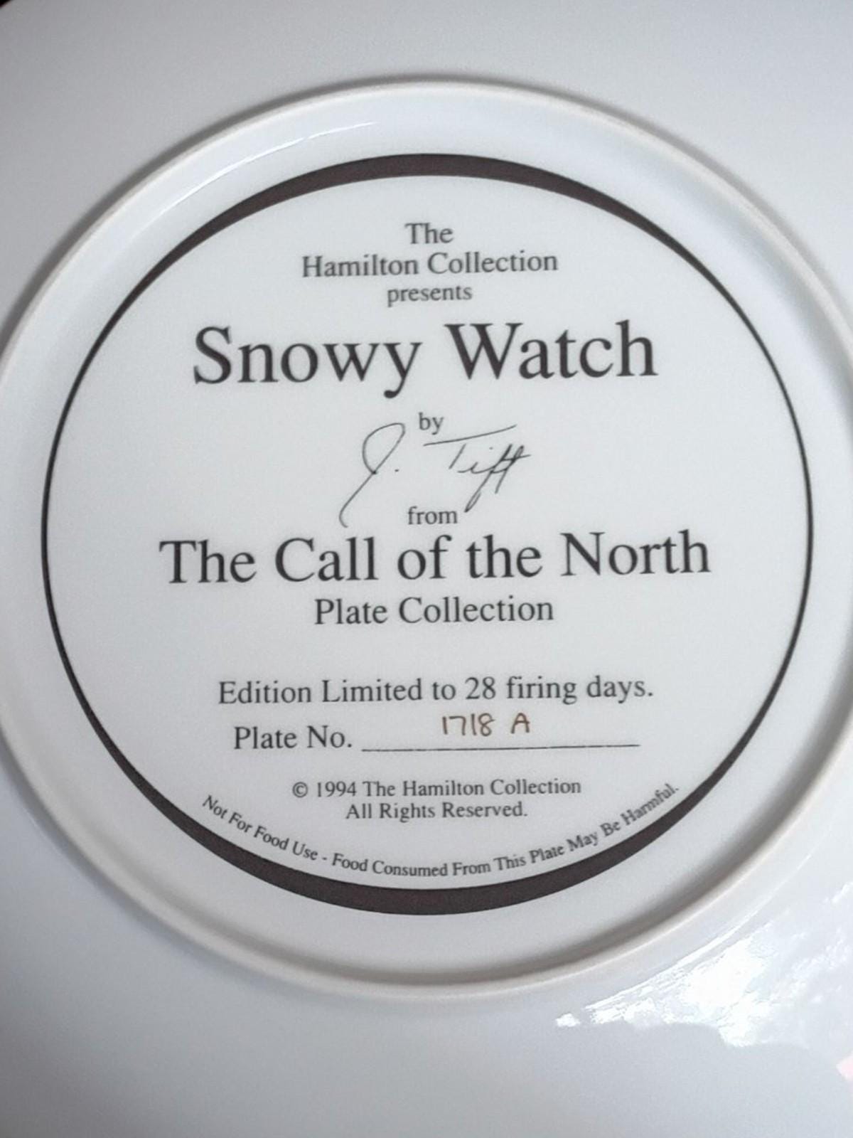 Hamilton collection snowy watch collector plate 1994 j. tifft call of the north