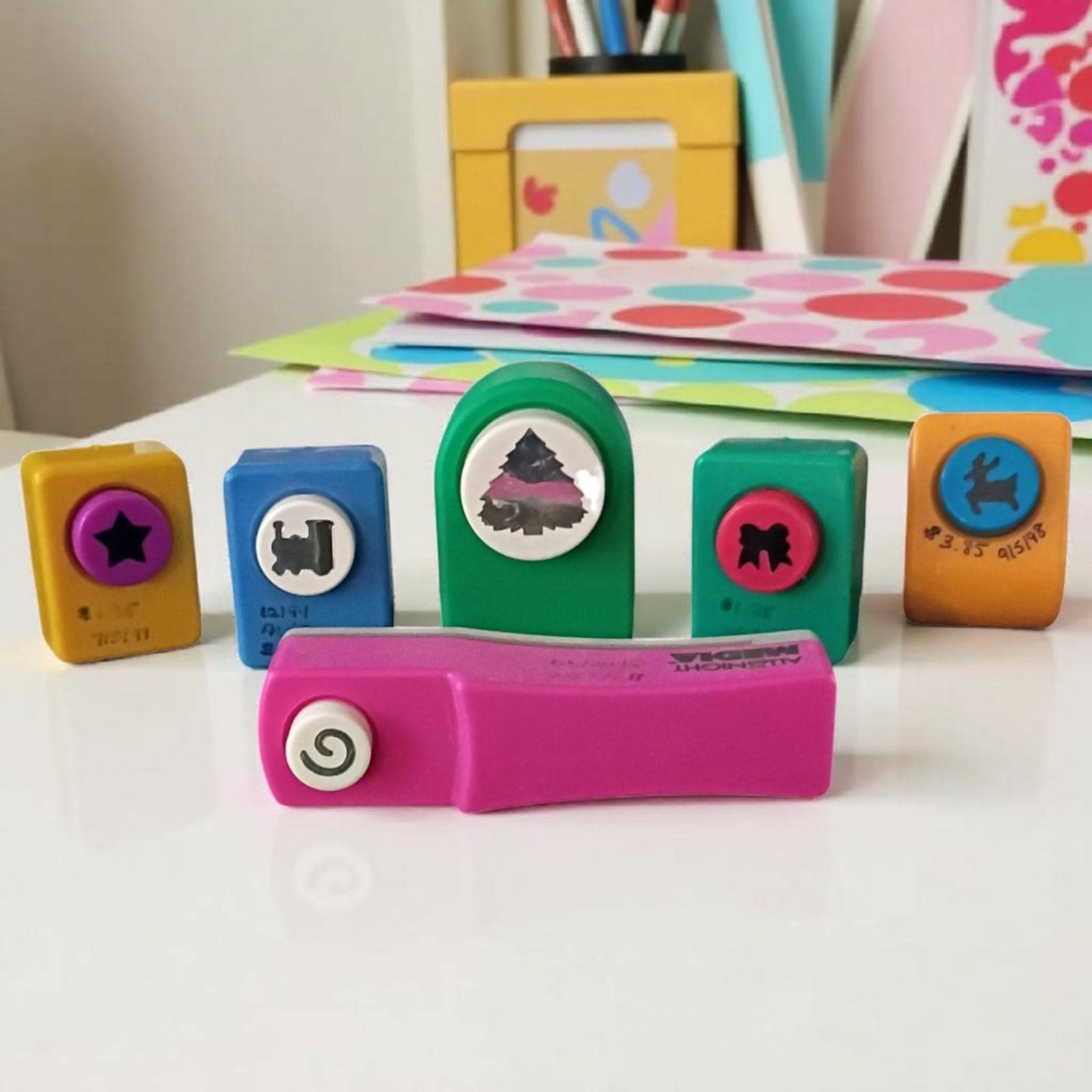 Paper punch lot of 6 – star, train, christmas tree, bow, reindeer & swirl –...