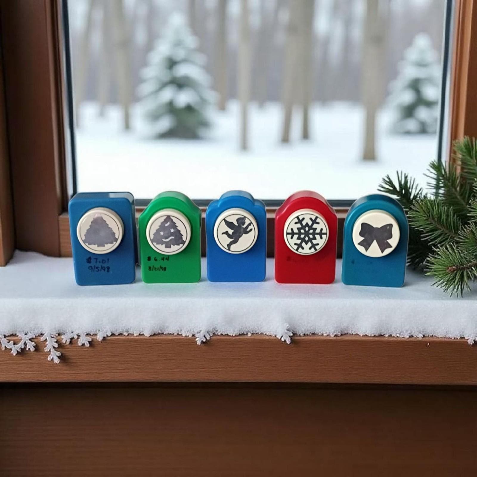 Set of 5 holiday paper punches – christmas tree, bow, cherub angel, snowflake –
