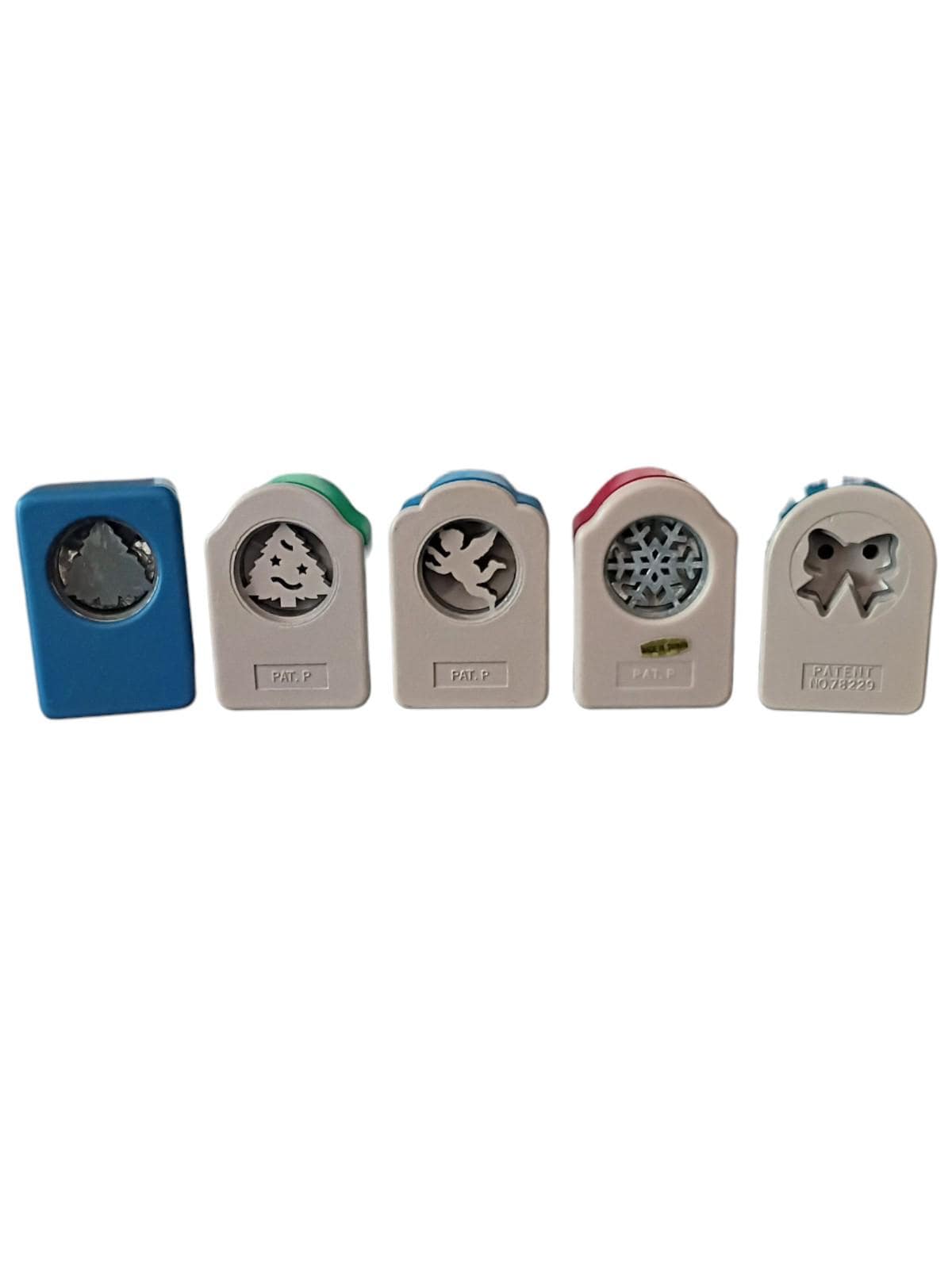 Set of 5 holiday paper punches – christmas tree, bow, cherub angel, snowflake –
