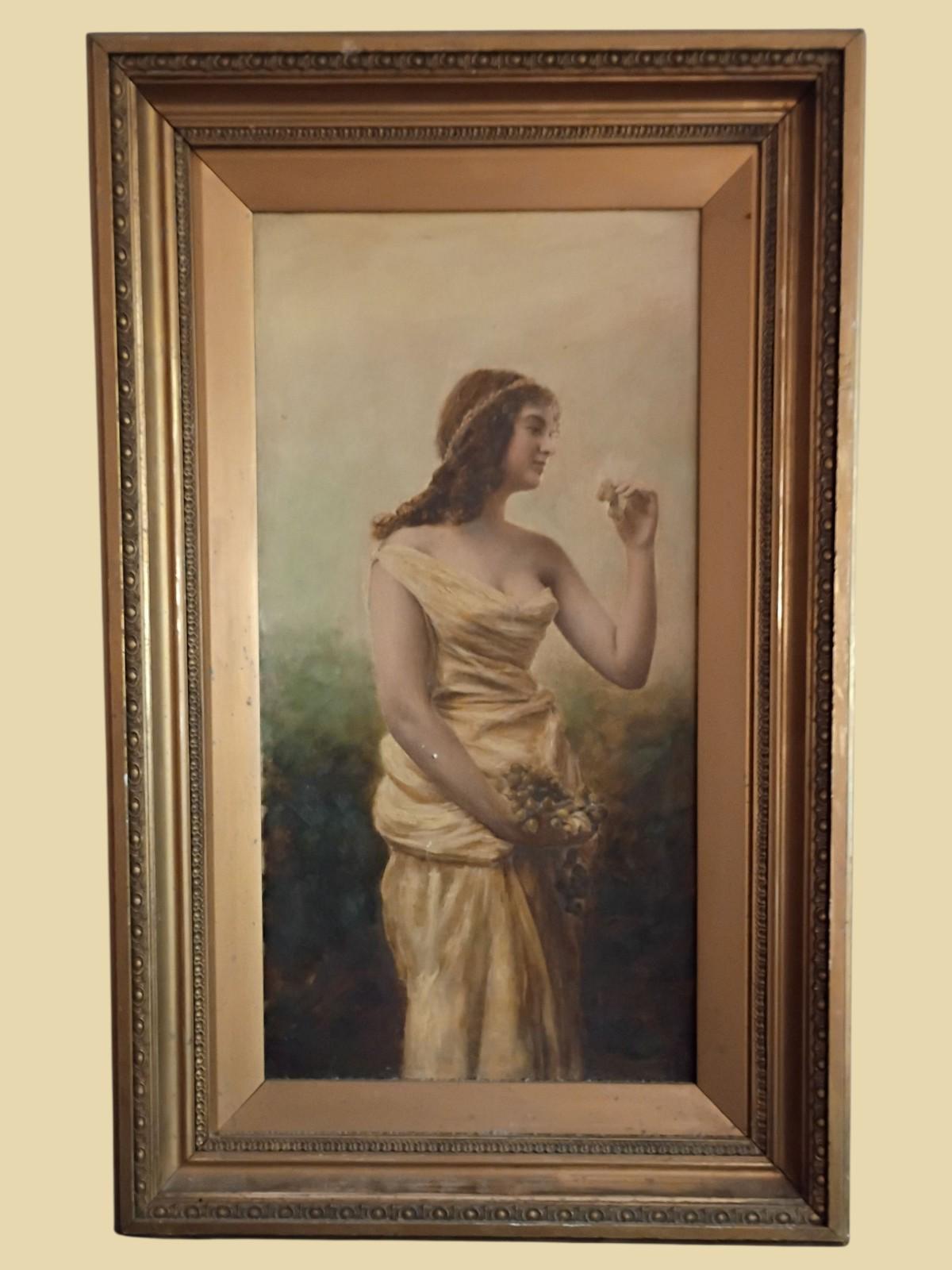 Antique oil painting woman in gilded frame | vintage wall art classical lady...