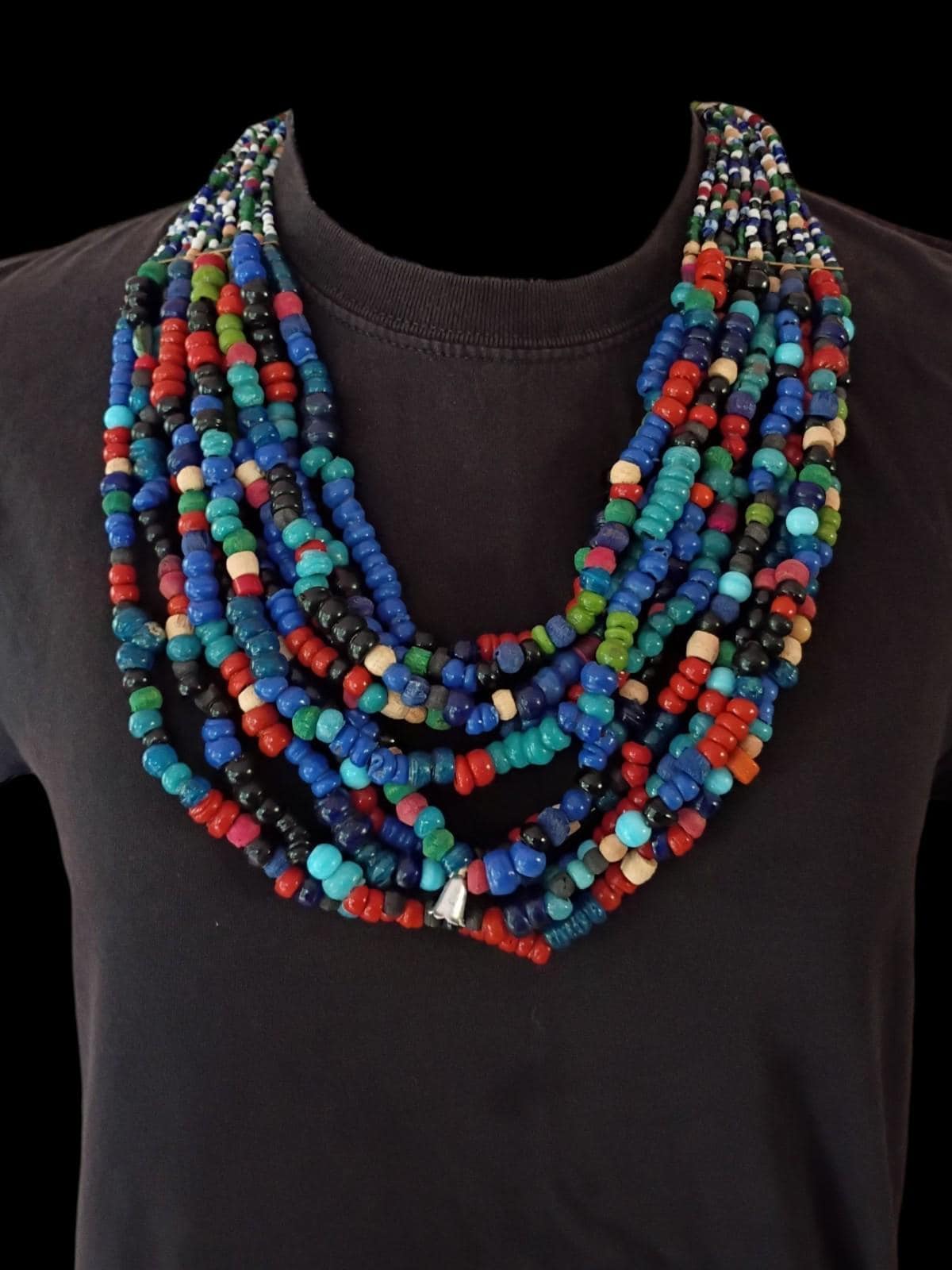 Handmade multicolor beaded tribal statement necklace – multi-strand ethnic