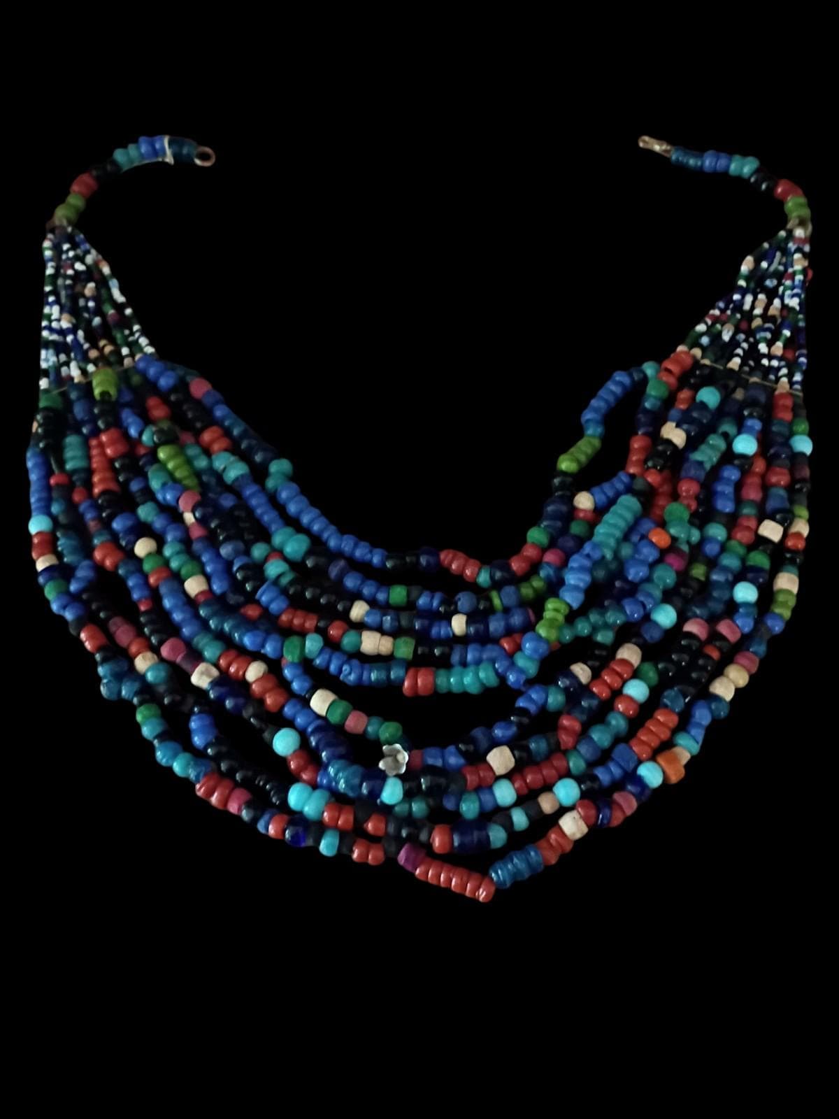 Handmade multicolor beaded tribal statement necklace – multi-strand ethnic