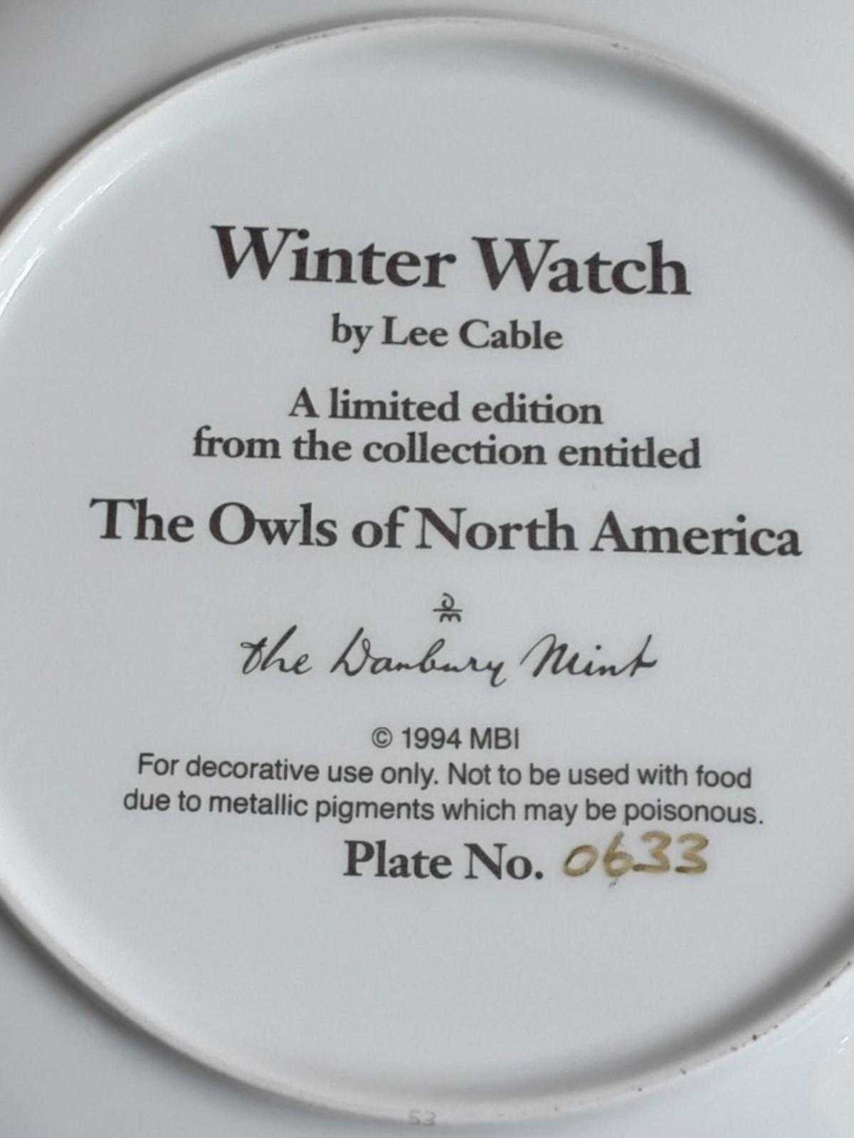 Danbury mint 1994 “winter watch” limited edition collector plate by lee cable