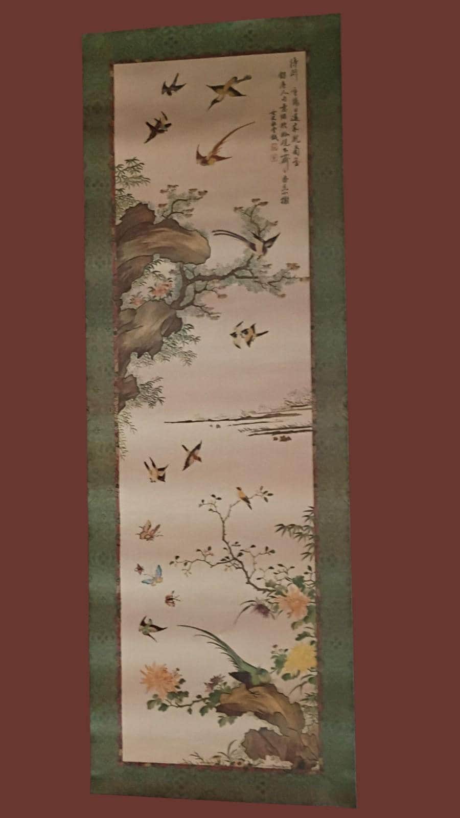 Asian paper scroll wall hanging – birds, blossoms & calligraphy –...