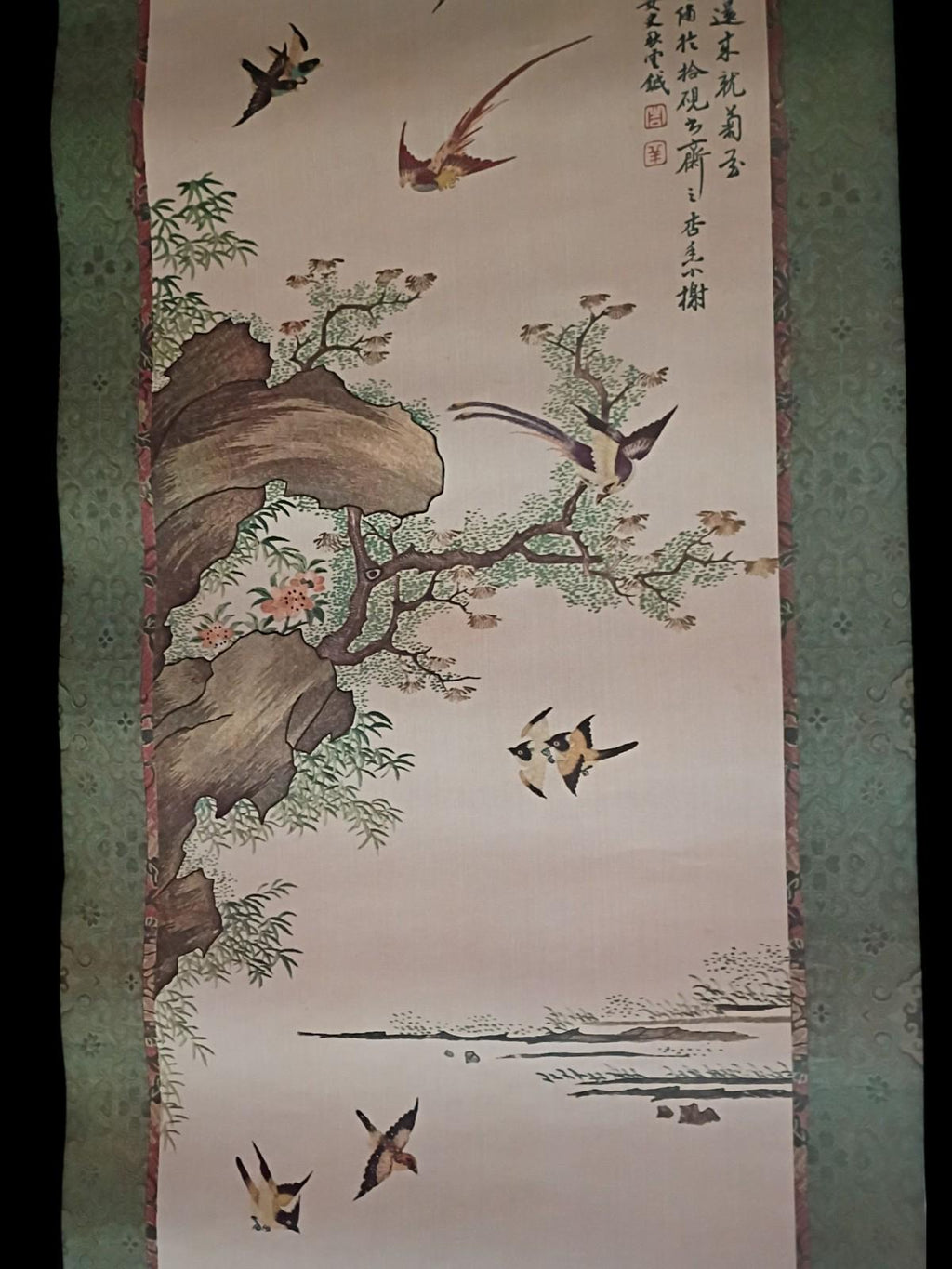 Asian paper scroll wall hanging – birds, blossoms & calligraphy –...