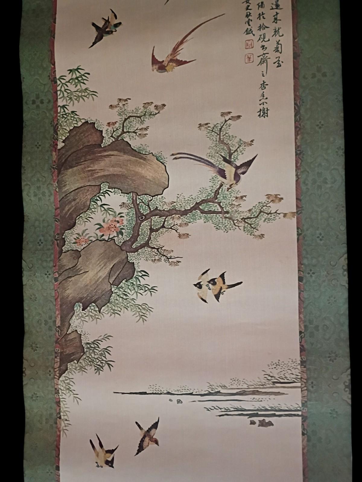 Asian paper scroll wall hanging – birds, blossoms & calligraphy –...