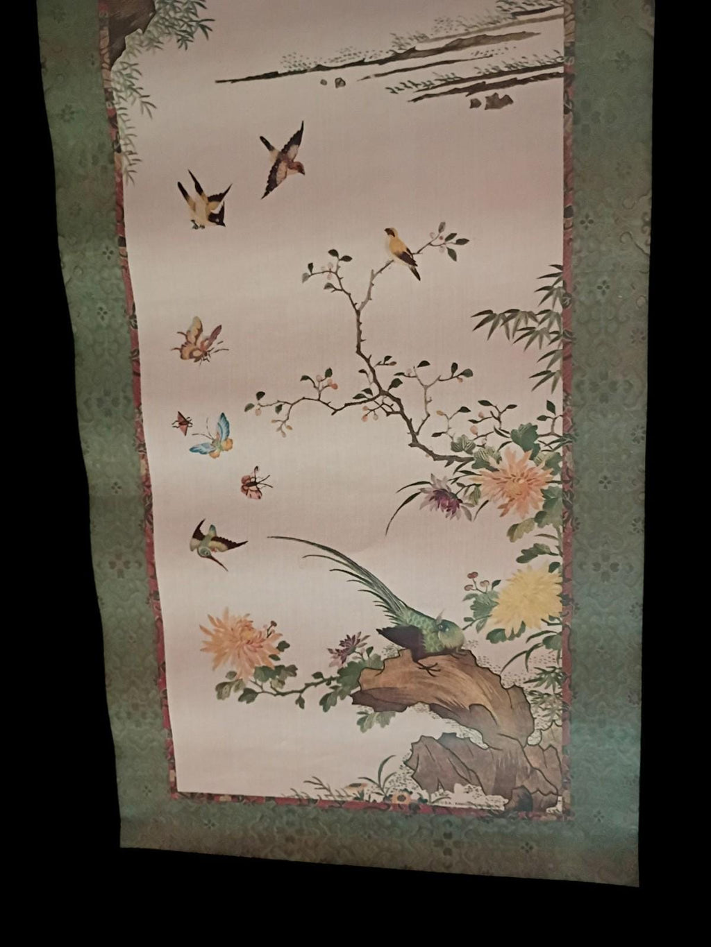 Asian paper scroll wall hanging – birds, blossoms & calligraphy –...