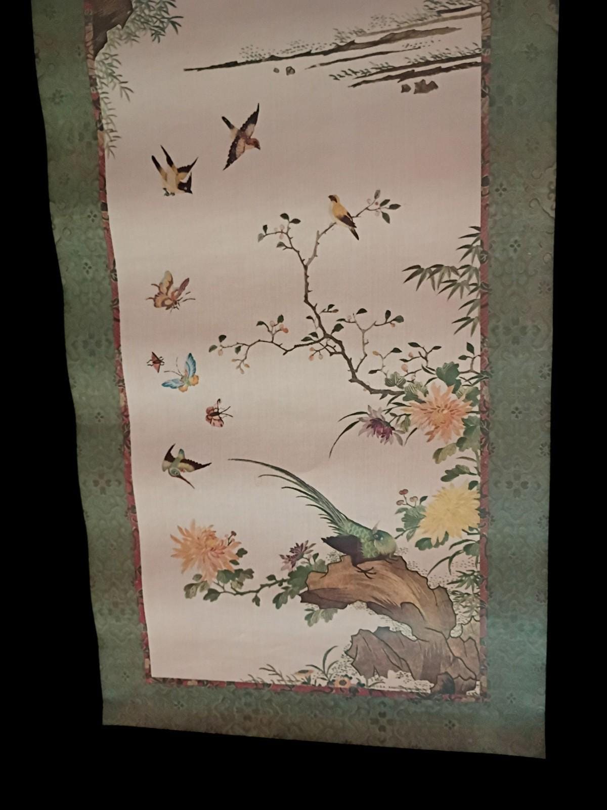 Asian paper scroll wall hanging – birds, blossoms & calligraphy –...