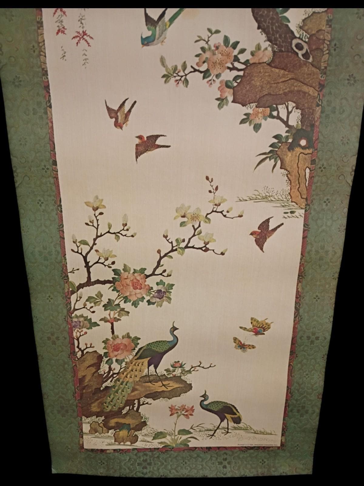 Antique asian hanging scroll painting on paper – cranes, peacocks, blossoms & ..
