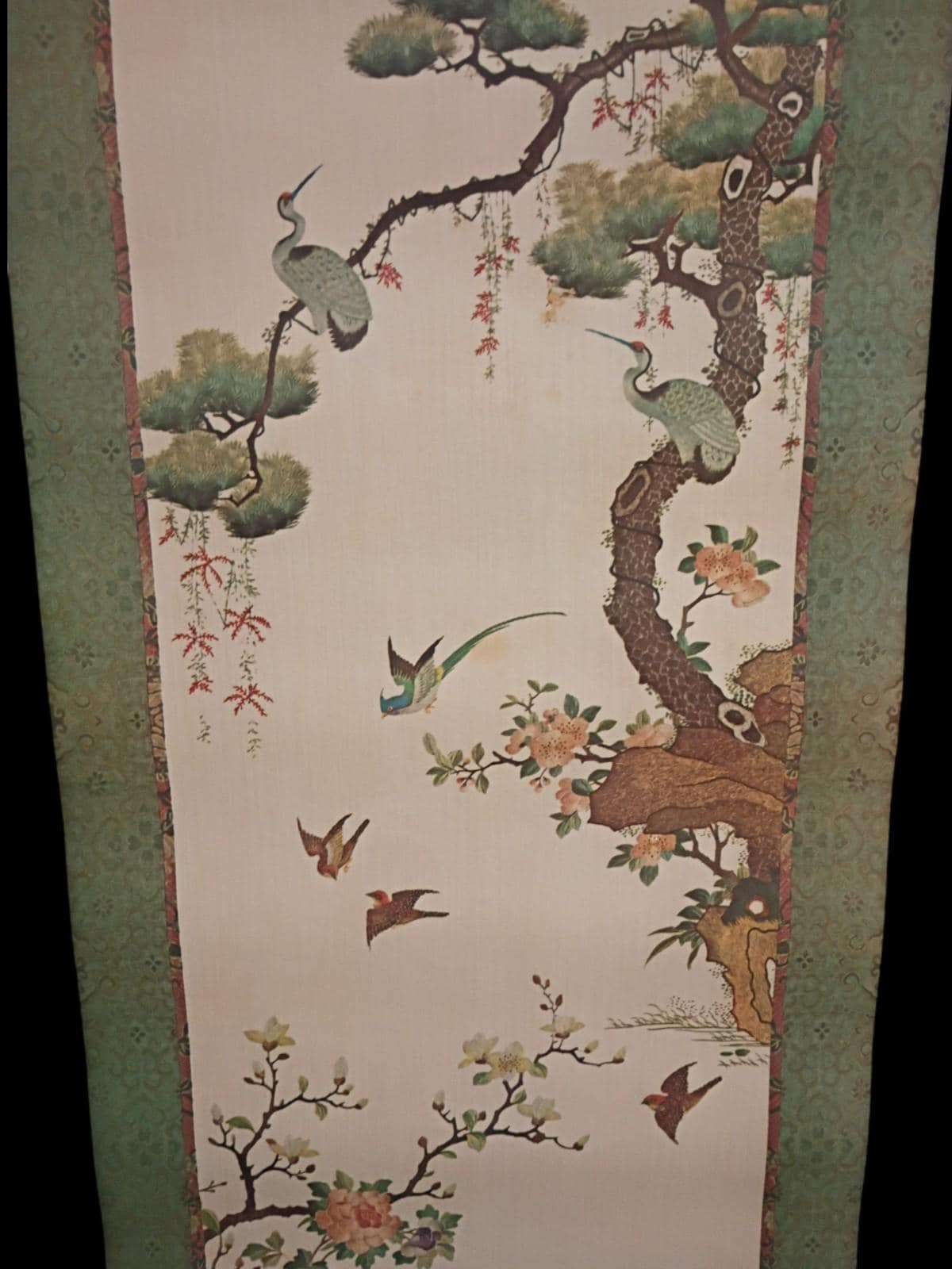 Antique asian hanging scroll painting on paper – cranes, peacocks, blossoms & ..