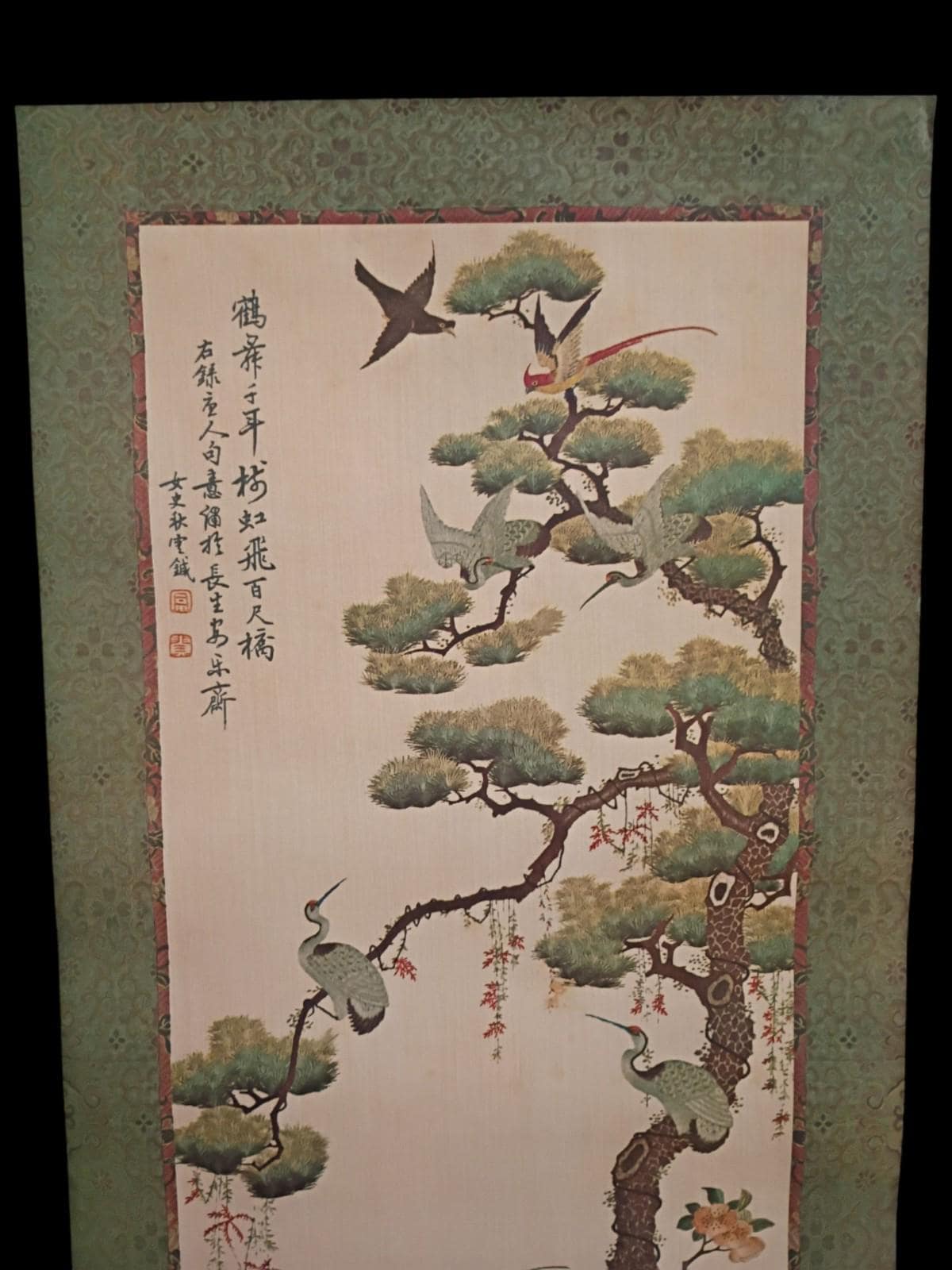 Antique asian hanging scroll painting on paper – cranes, peacocks, blossoms & ..