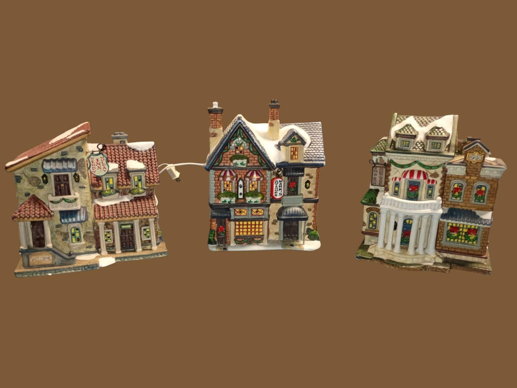 Holiday time christmas village 3-piece porcelain lighted house set ...