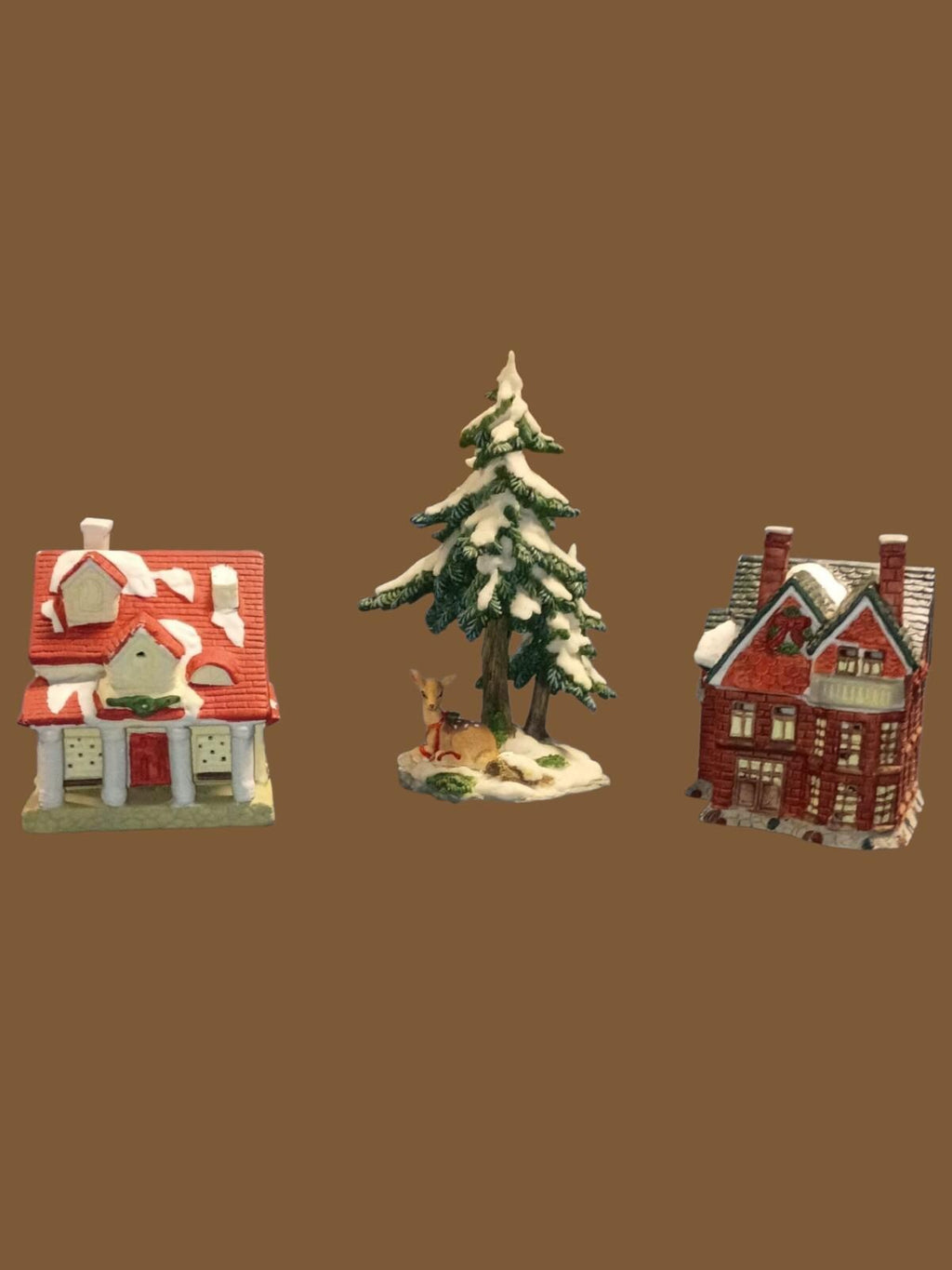 Santa’s best 1995 mini christmas village set – 2 porcelain houses & deer tree...
