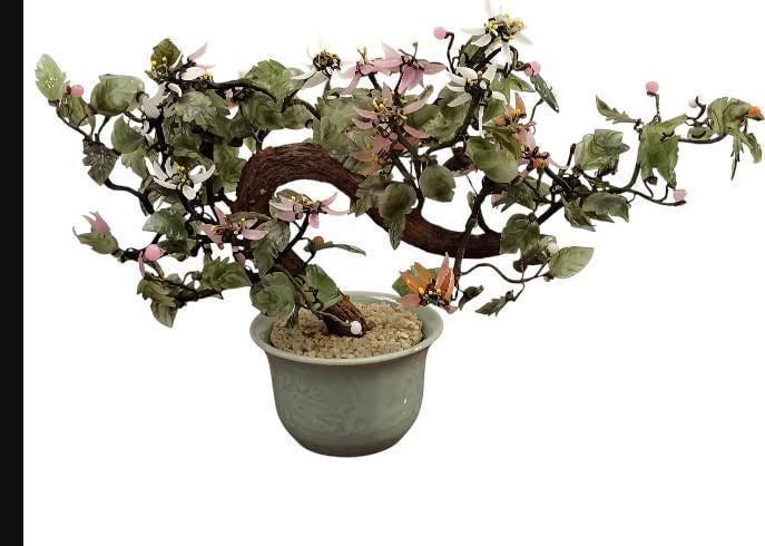 Chinese jade & stone bonsai tree in celadon pot – 10" tall, 15" wide, 3lbs