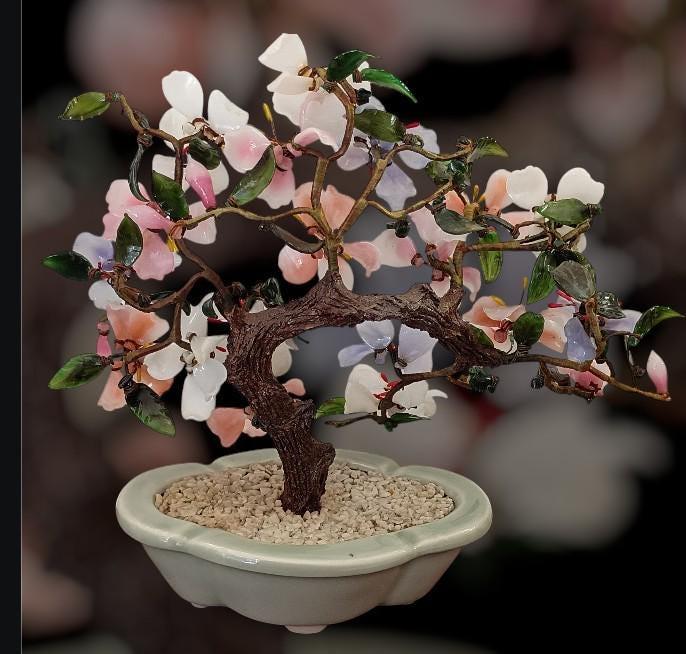 Bonsai in ceramic pot chinese jade & gemstone flower tree – handcrafted