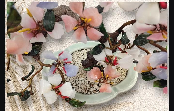Bonsai in ceramic pot chinese jade & gemstone flower tree – handcrafted