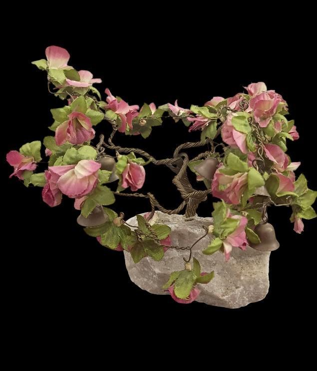 Pink flower bonsai tree sculpture on stone base – wire & fabric floral décor, 5"