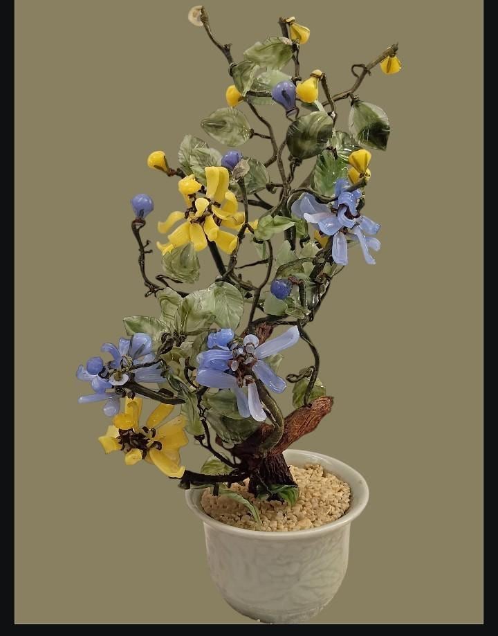 Glass flower bonsai tree – blue & yellow blossoms in ceramic pot – 12” tall –...