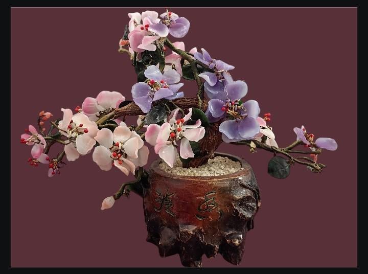 Chinese jade & gemstone flower bonsai tree – 12” tall, 12” wide – handcrafted...