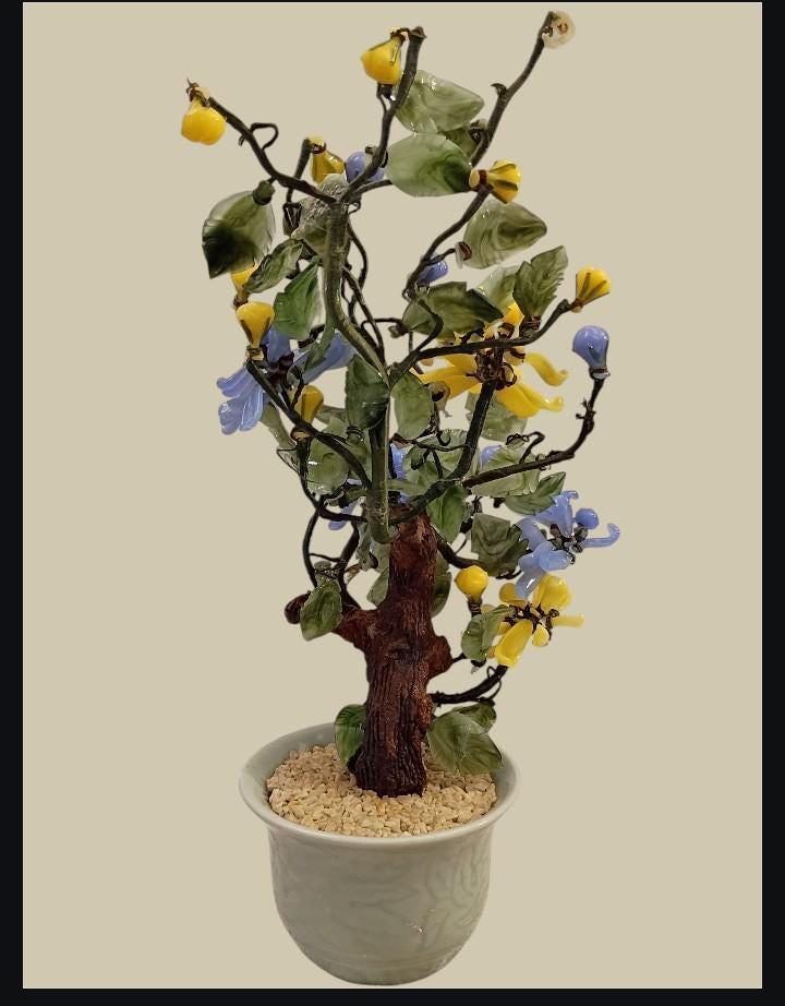 Glass flower bonsai tree – blue & yellow blossoms in ceramic pot – 12” tall –...