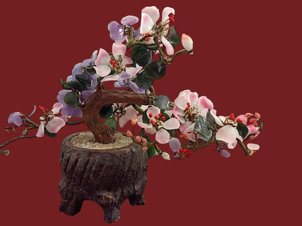 Chinese jade & gemstone flower bonsai tree – 12” tall, 12” wide – handcrafted...