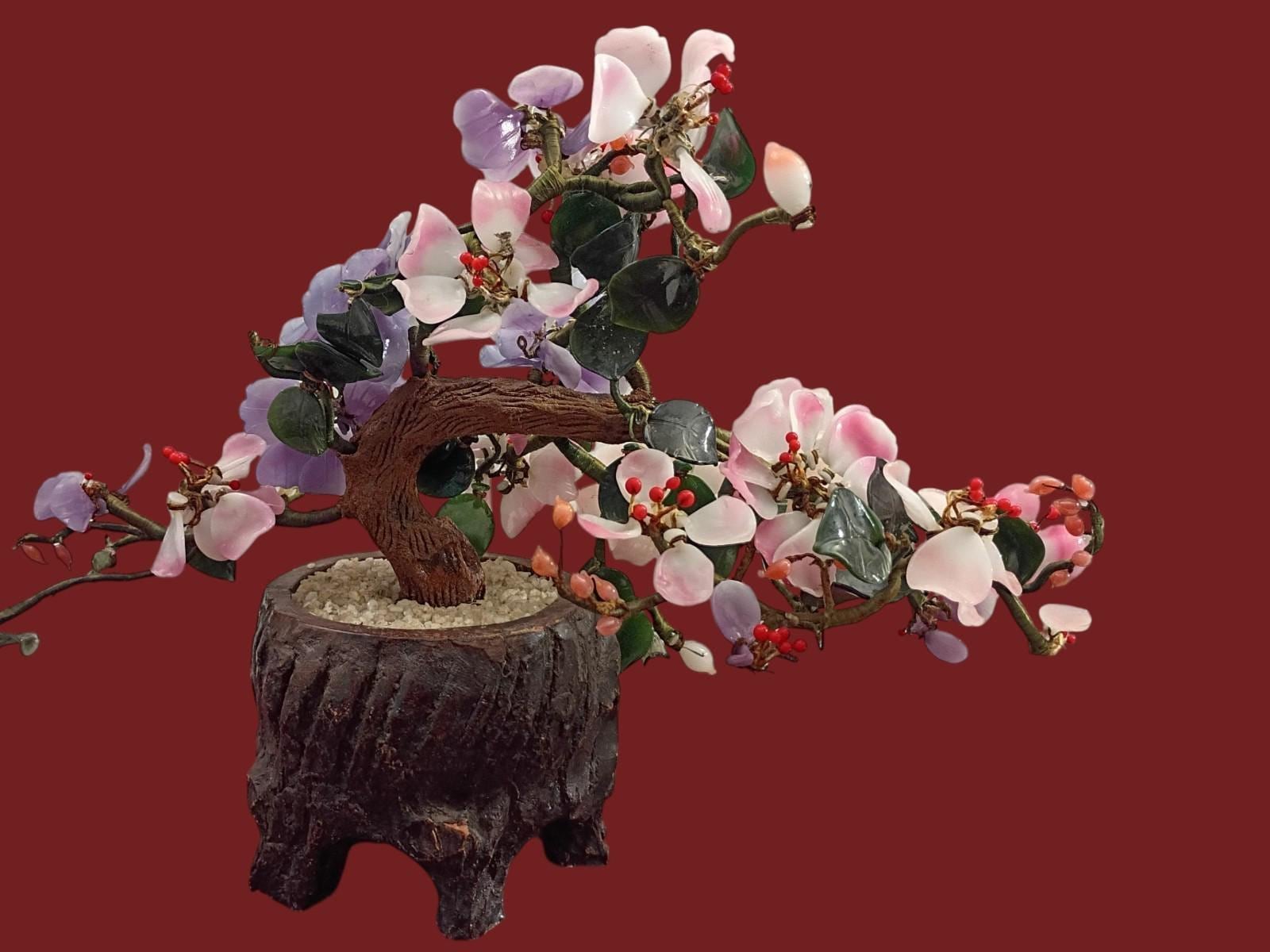 Chinese jade & gemstone flower bonsai tree – 12” tall, 12” wide – handcrafted...
