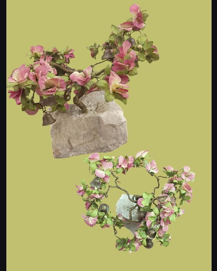 Pink flower bonsai tree sculpture on stone base – wire & fabric floral décor, 5"