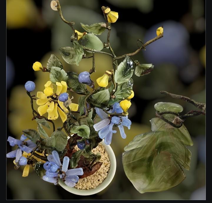Glass flower bonsai tree – blue & yellow blossoms in ceramic pot – 12” tall –...