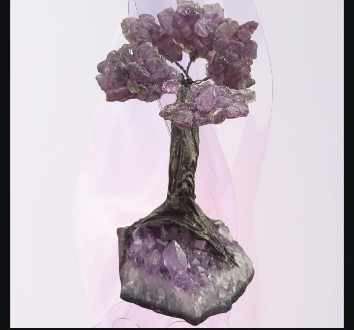 Amethyst crystal gem tree on natural cluster base – 6” tall healing stone bonsai
