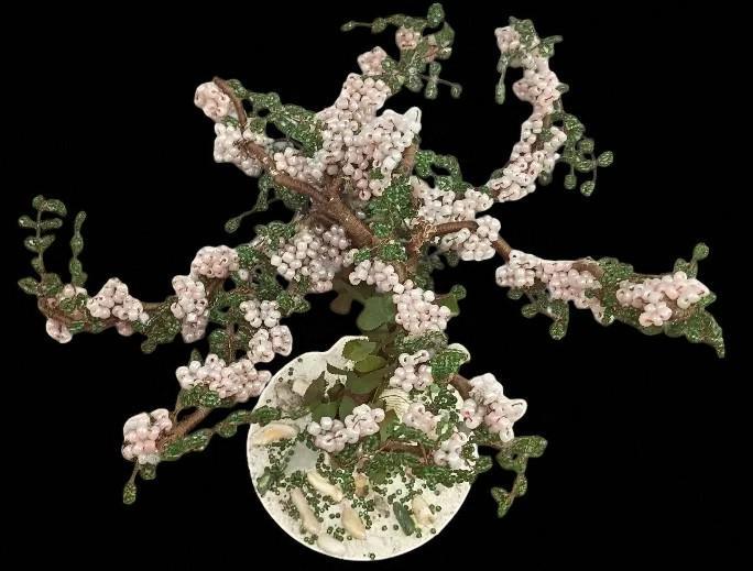 Handcrafted beaded bonsai tree sculpture – pink & green wire art in white pot –