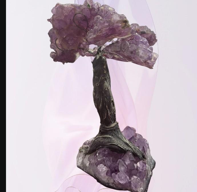 Amethyst crystal gem tree on natural cluster base – 6” tall healing stone bonsai