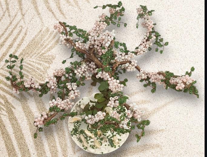 Handcrafted beaded bonsai tree sculpture – pink & green wire art in white pot –