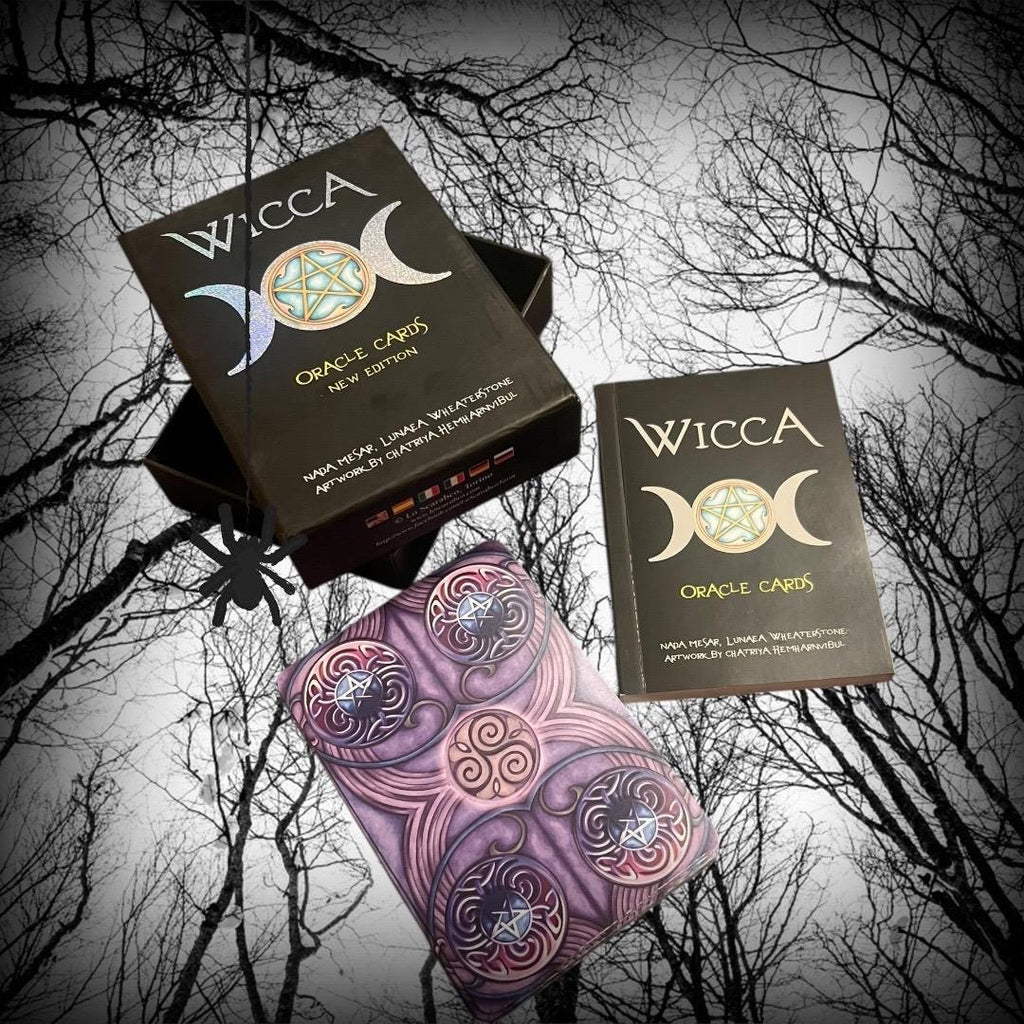 These images show the Wicca Oracle Cards (New Edition) by Nada Mesar and Lunaea Wheaterstone, with artwork by Chatriya Hemharnvibul — publis