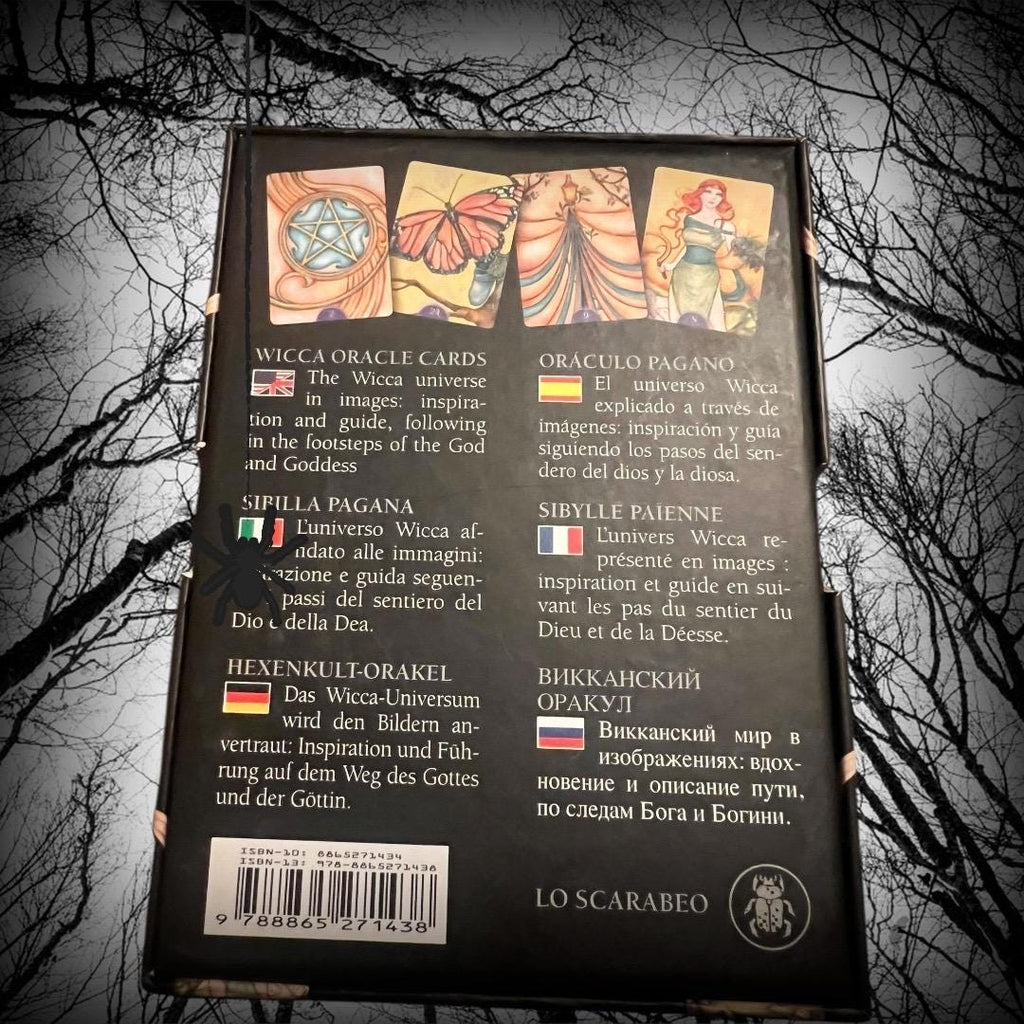 These images show the Wicca Oracle Cards (New Edition) by Nada Mesar and Lunaea Wheaterstone, with artwork by Chatriya Hemharnvibul — publis